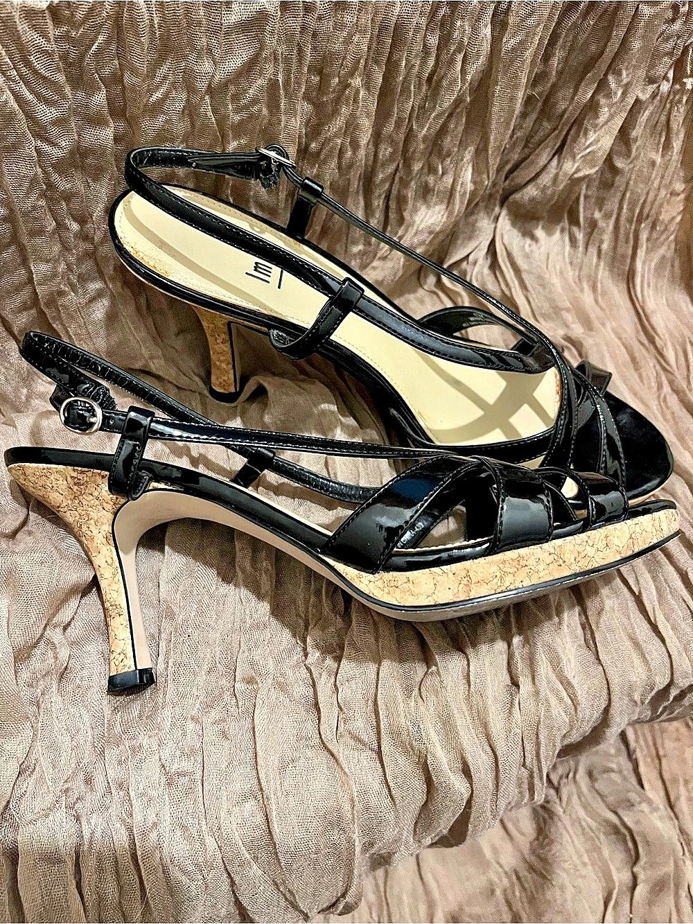 Impo Black Patent Strappy Cork Heel Dandals
